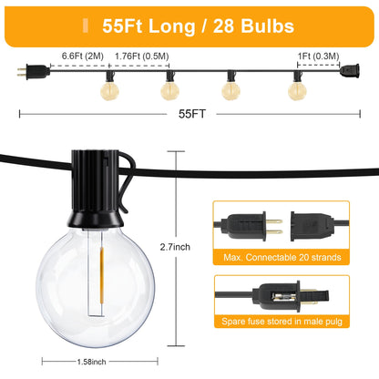 OHLUX Outdoor String Lights, 55FT Shatterproof LED Patio Lights with 26 Dimmable Plastic G40 Bulbs, 2200K Waterproof Connectable Hanging String for Backyard, Cafe, Porch, Deck, E12 Base