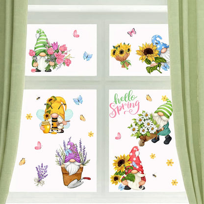 Mfault Hello Spring Gnomes Flowers Window Clings, 9 Sheets Floral Wall Glass Stickers for Home Decor