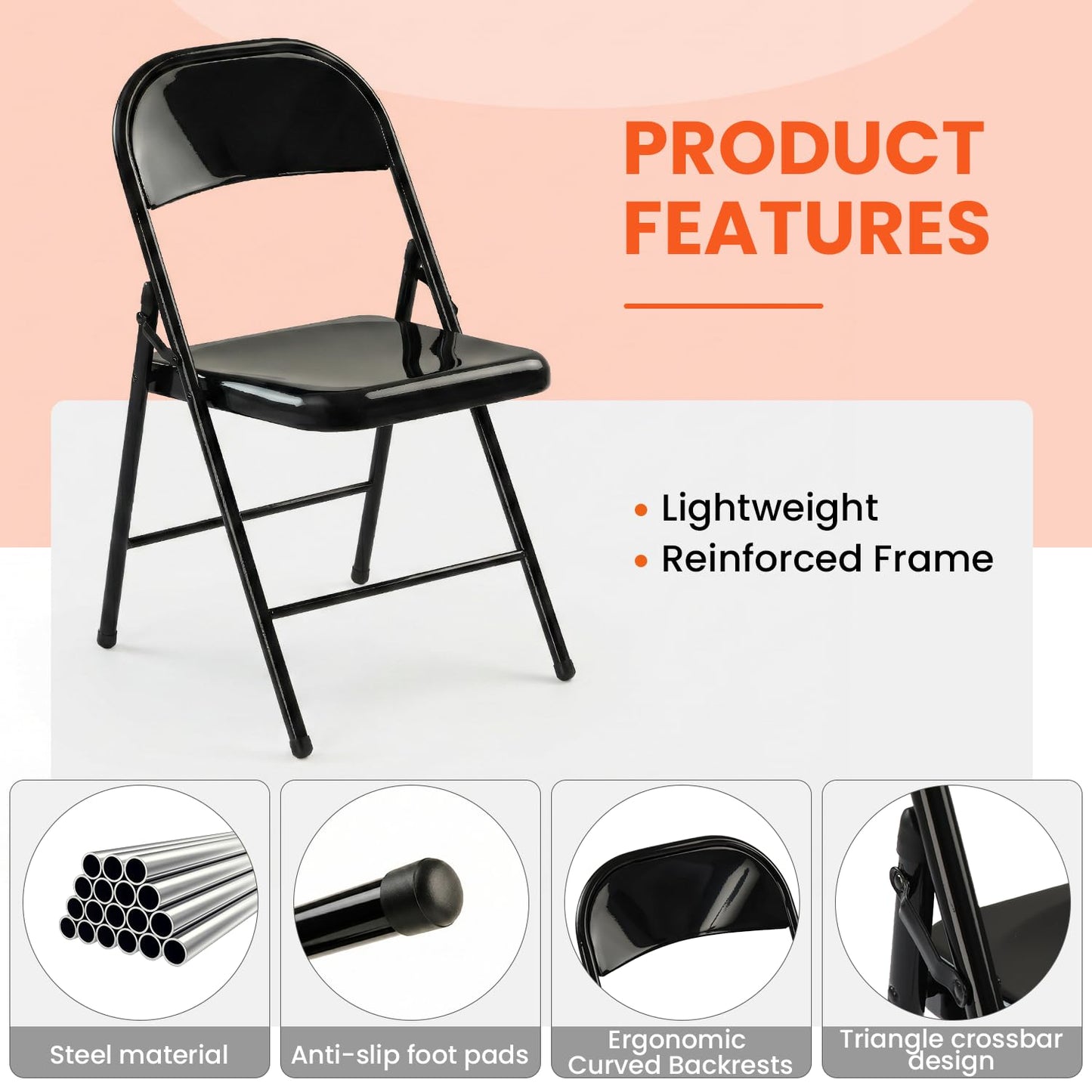 LING RONG Metal Folding Chairs 12 Pack All Steel Metal Frame Portable Commercial-Grade Foldable Chair with Double Hinged for Office Wedding Party Patio Dinning Events, Onyx Black