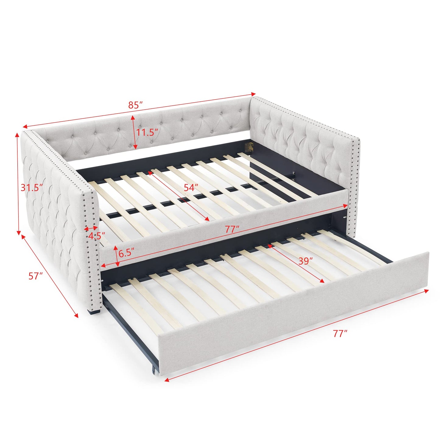 Acosure Upholstered Full Size Daybed with Trundle Twin,Solid Wooden Sofa Bed Frame W/Button Tufted & Copper Nail on Square Arms,No Spring Box Need,Bedframe for Living Room Bedroom Dorm,Beige Linen