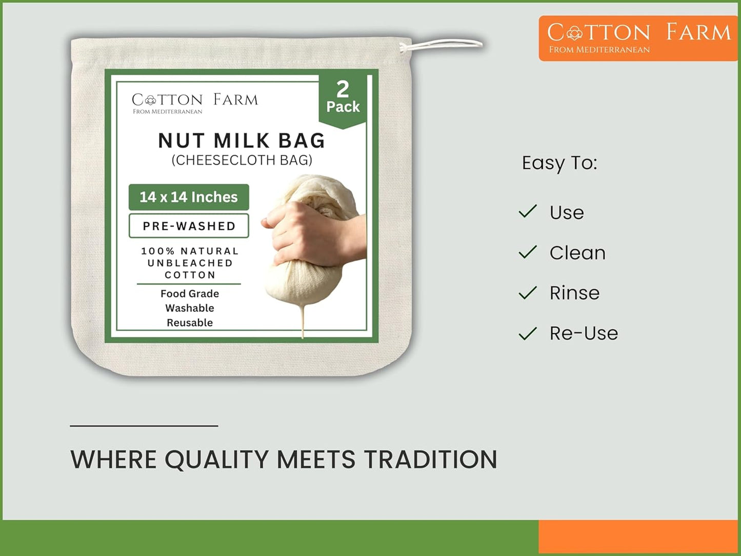14 14 Inch, 100% Cotton Farm Nut Milk Bag & Cheese Cloth Bag (Ultra Dense), XL Unbleached Cotton Cheesecloth