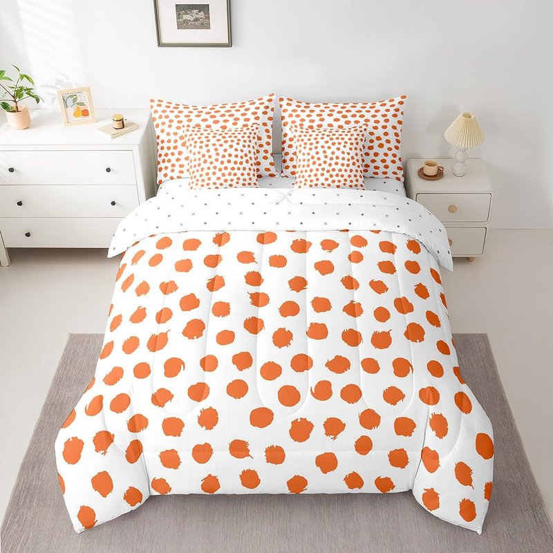 Erosebridal Brush Stroke Sheet Set Queen Size Polka Dots Bed in A Bag 7 Pcs for Kids Girls Boys Farmhouse Orange White Comforter Set Lightweight Bed Set