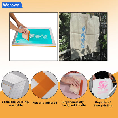 Worown 10 X 14 Inch Aluminum Silk Screen Printing Frame with 110 White Mesh, and Including 4 x 10 Inch Wooden Screen Printing Squeegee