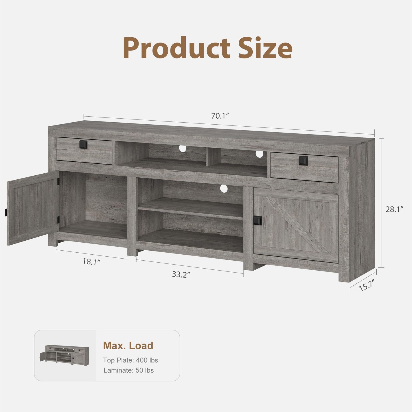 Farmhouse TV Stand for 75/80 Inch TVs, Long Entertainment Center with 4 Storage Drawers & 3 Open Shelf, Grey Television Consoles Stands for Living Room, Bedroom