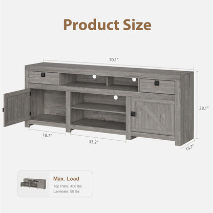 Farmhouse TV Stand for 75/80 Inch TVs, Long Entertainment Center with 4 Storage Drawers & 3 Open Shelf, Grey Television Consoles Stands for Living Room, Bedroom