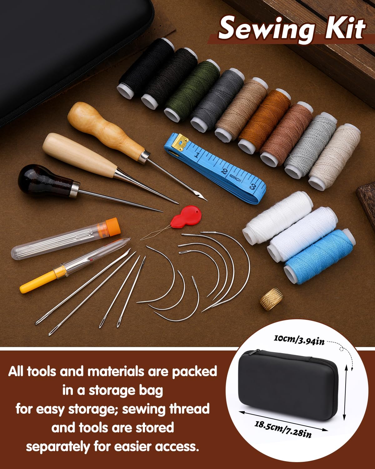 BAGERLA Heavy Duty Sewing Kit, Needle and Thread Kit with Upholstery Thread Needles Sewing Awl Seam Ripper for Car Seats Carpets Shoes Backpacks DIY Crafting