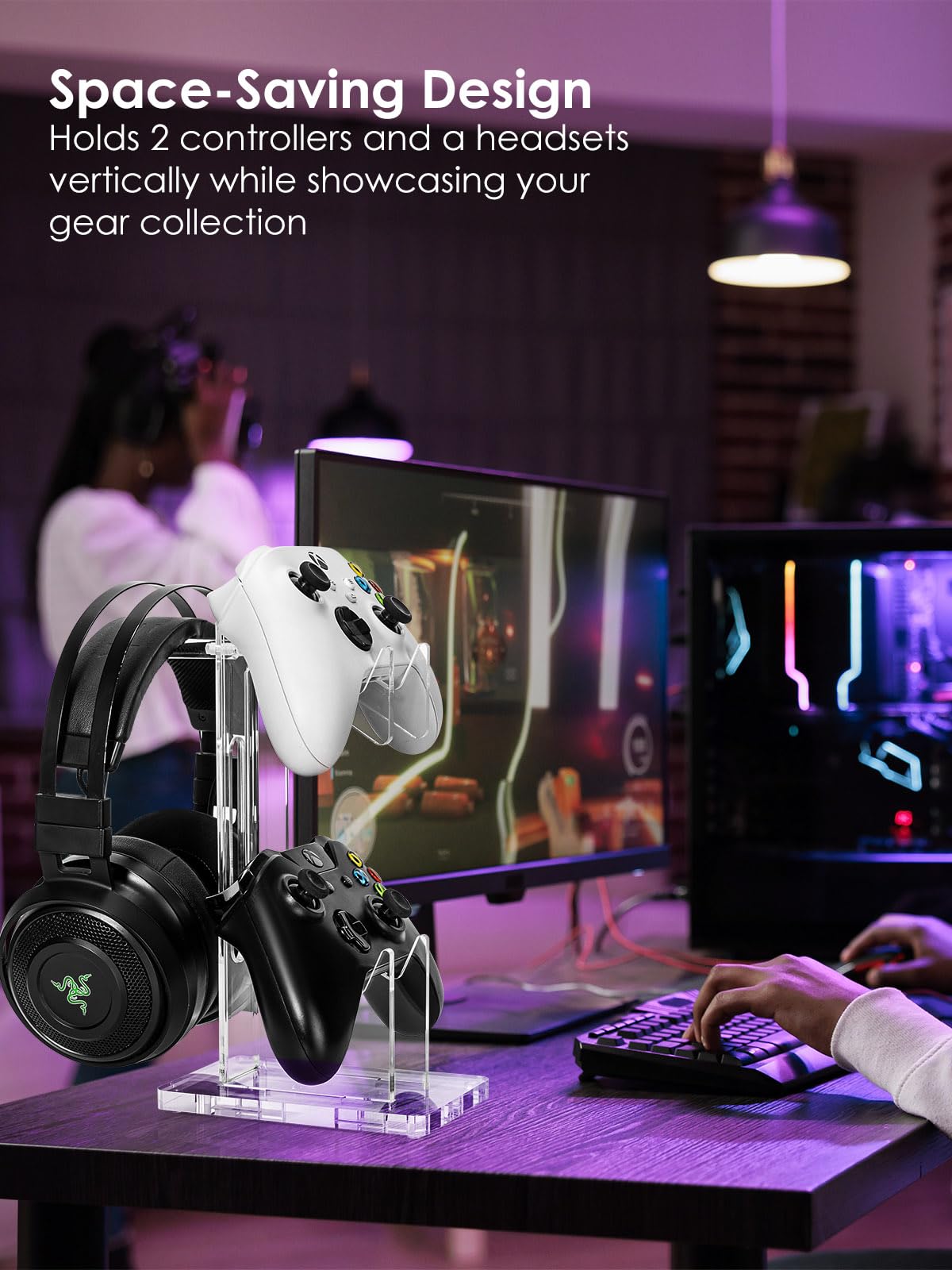 OAPRIRE Headset and Controller Stand, Space-Saving 2 Tier Game Controller Holder, Acrylic Controller and Headset Stand for Desktop, Universal Design Compatible with PS5/PS4/Xbox/Switch (Crystal Clear)