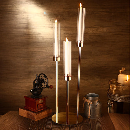 Layhit 6 Set Wedding Gold Candelabra Centerpieces for Tables, 3 Arm Tall Acrylic Candle Holder Centerpiece with Clear Shades for Reception, Party, Dining Decor, Anniversary, Fits 0.87" LED Candles