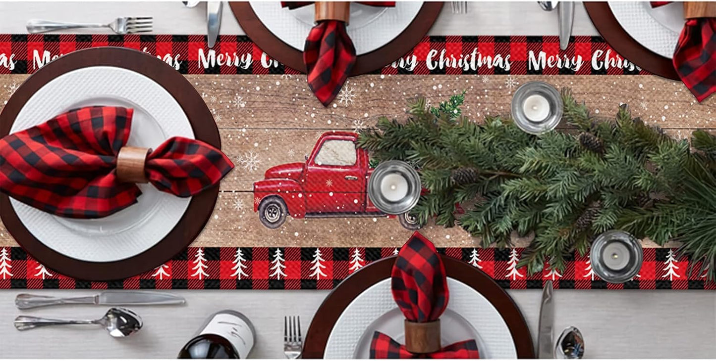 Christmas Table Runner 72 Inch Truck with Xmas Trees, Red Black Buffalo Plaid Cotton Linen for Holiday Party