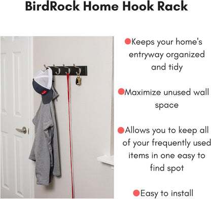 BIRDROCK HOME Oval Hook Coat and Hat Rack, 4 Hooks, Wall Mount, Black Finish