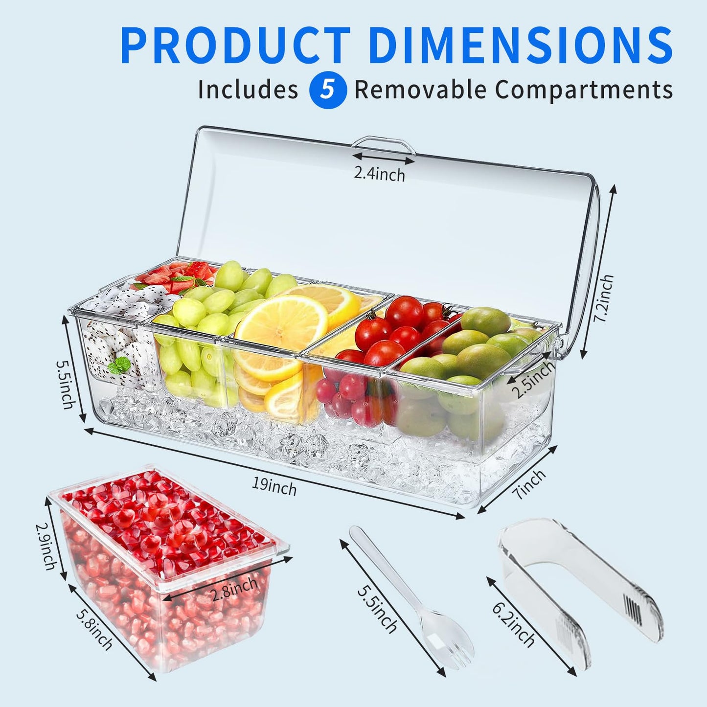 Large Ice Chilled Condiment Caddy，Chilled Condiment Containers Server with Lids for 5 Removable Compartments (2.5 cup)，Serving Platters, Fruit & Garnish Tray for Party Supplies & Bar Accessories