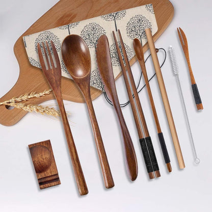 OKA Reusable Wooden Travel Cutlery Set, Japanese Style Lunch Utensil Set with Case, 9 Pcs Wooden Flatware.