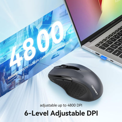 TECKNET Rechargeable Jiggler Wireless Mouse (BT5.0/3.0 & 2.4G) 4800 DPI Silent USB A & Bluetooth Mouse 6 Buttons, Wide Compatibility - Black