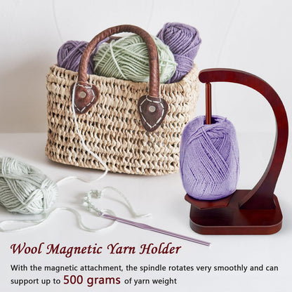 JUCPASH Yarn Holder for Crocheting and Knitting, Wooden Yarn Spinner with Magnetic Rotating Mechanism and Anti-Slip Pads, Crochet Accessories Birthday Gifts for Women Mom Wife Grandma Mother (Brown)