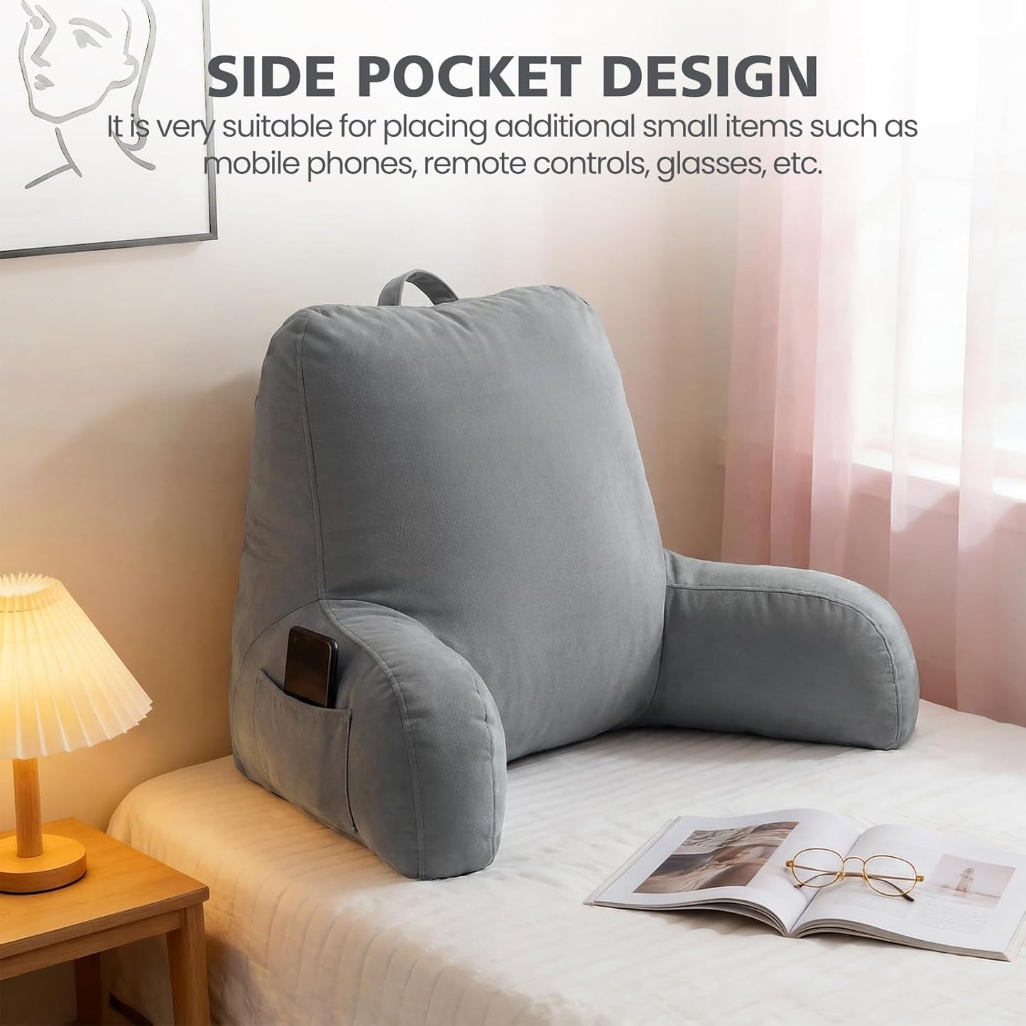 Yagamo Reading Pillow with Adjustable Memory Foam,Adult Backrest with Arms, Back Pillow for Sitting in Bed
