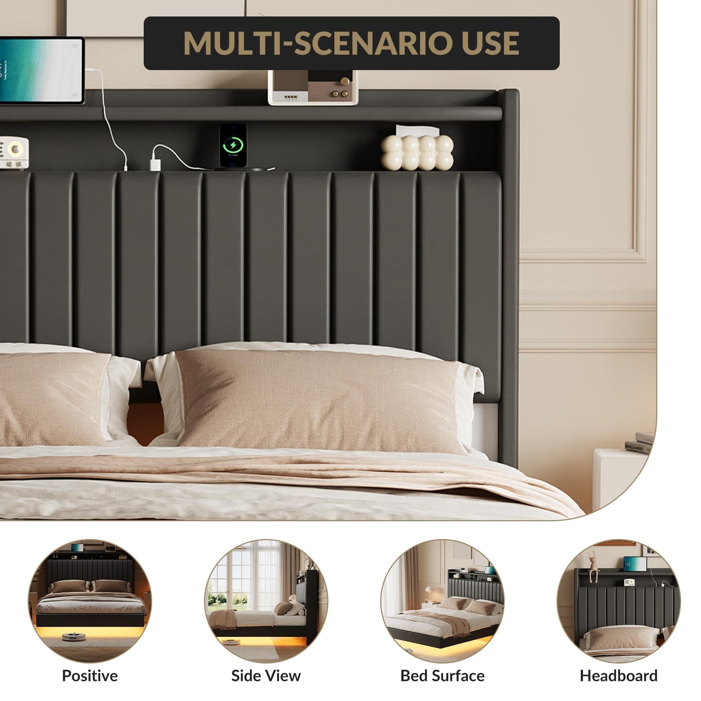 IDEALHOUSE Queen Floating Bed Frame with LED Lights and Storage Headboard, Bed Frame with Modern Minimalist Style for Bedroom/Vacation Home,Silent & No Box Spring Required,Easy to Assemble,Black