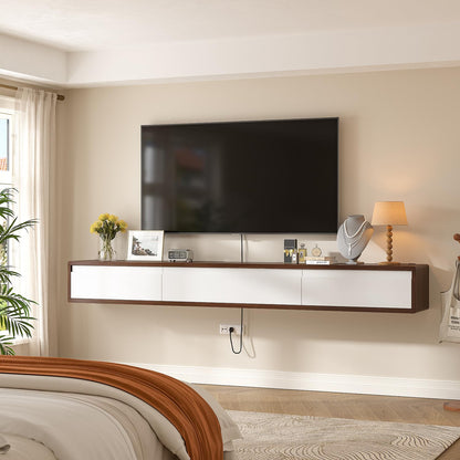 FurniNova Fully Assembled Floating TV Stand, Modern Plywood Media Console with 2 Drawers & 1 Flip Door, Wall Mounted Entertainment Center with High Gloss Finish & Round Edges, 55 inch, Walnut & White