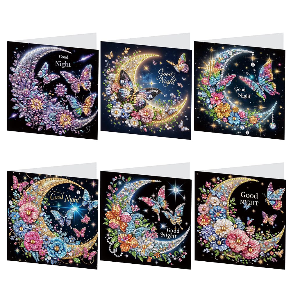 6 Pack 5D DIY Diamond Painting Moon Butterfly Greeting Card Kit, Diamond Art Christmas Birthday Holiday Greeting Card, Art Crafts Kit Creative Gift with Envelope