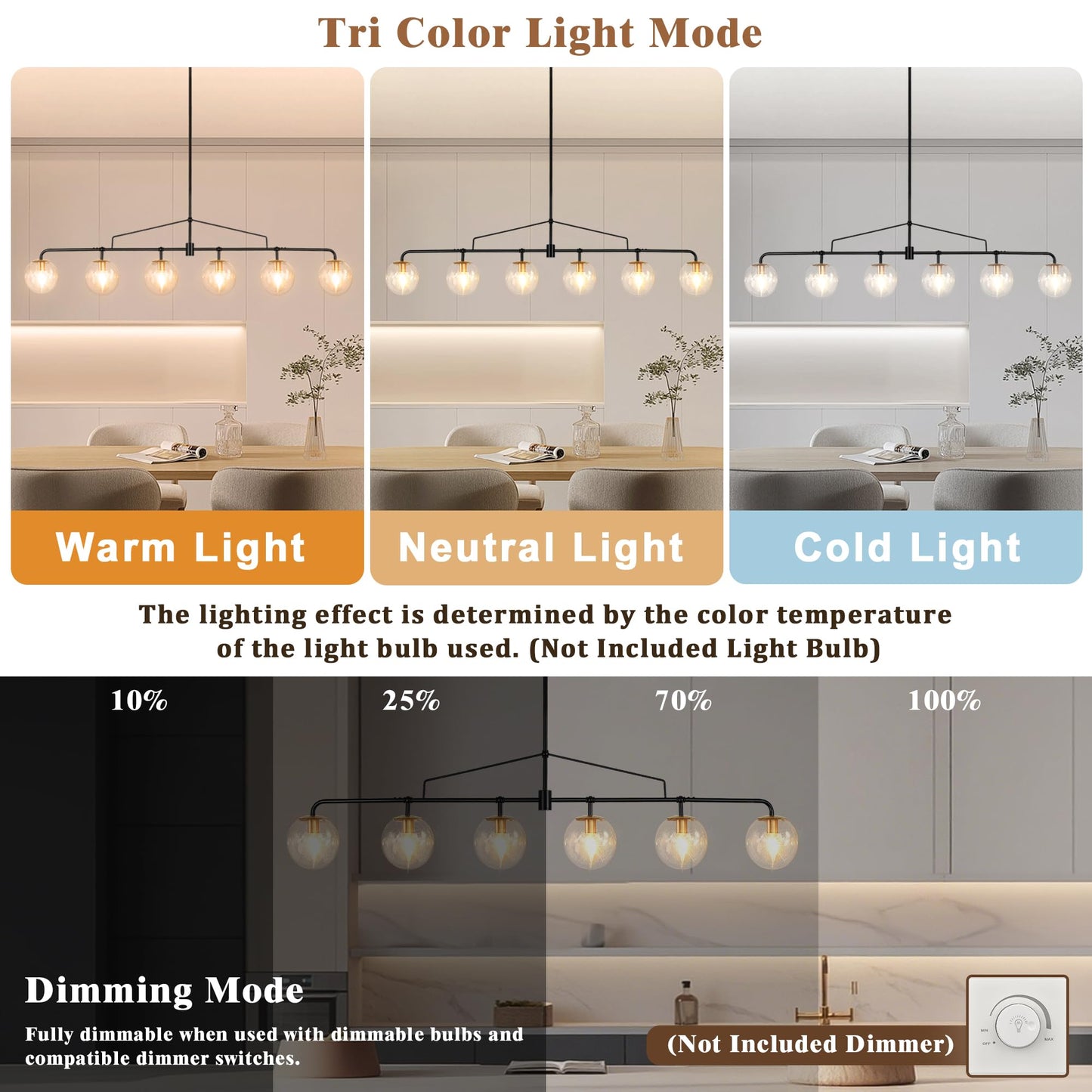Lzawvm Modern Linear Chandelier Black and Gold Chandelier Dining Room Light Fixture 6 Lights Linear Pendant Light with Seedes Glass Globe Shade for Farmhouse Island Over Tble, Length 51.58 Inch