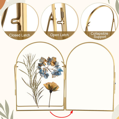 Vicenpal 4 Pcs 5 x 7 Inch Double Glass Frame for Pressed Flowers Vintage Metal Gold Floating Picture Frames Minimal Vertical Arched Photo Stand for Desk Tabletop Display (Gold)