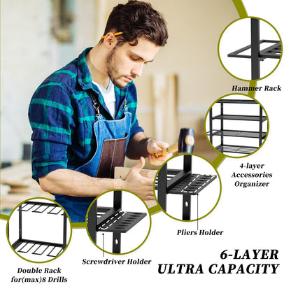 KAFAHOM Power Tool Organizer,8 Drill Holder Wall Mount,6 Layer Heavy Duty Metal Tool Storage Rack,Large Utility Tool Shelf for Cordless Drill, Garage Wall Organizer for Lifetime Use
