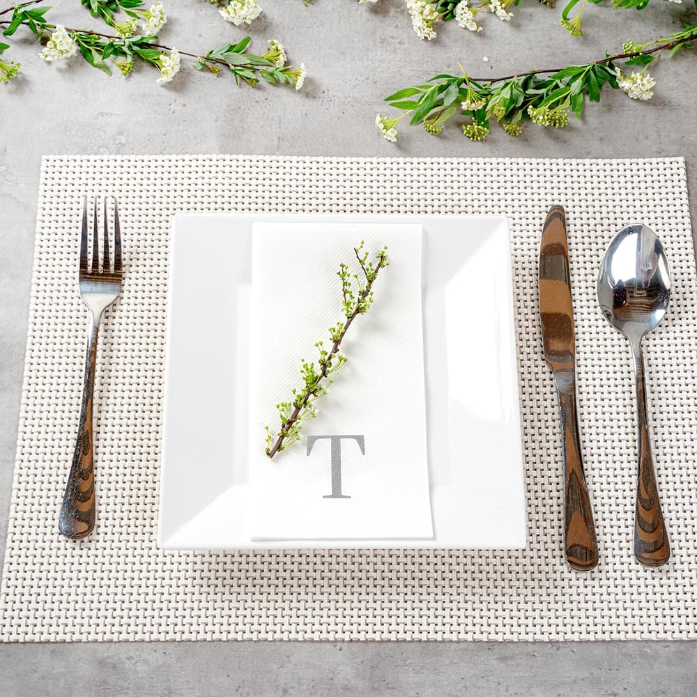 15.8 7.9 Inch 50 Luxenap X Linen-Feel Guest Towels, Lettered Hand Towels - Silver Letter 'T', Sans Serif Font, White