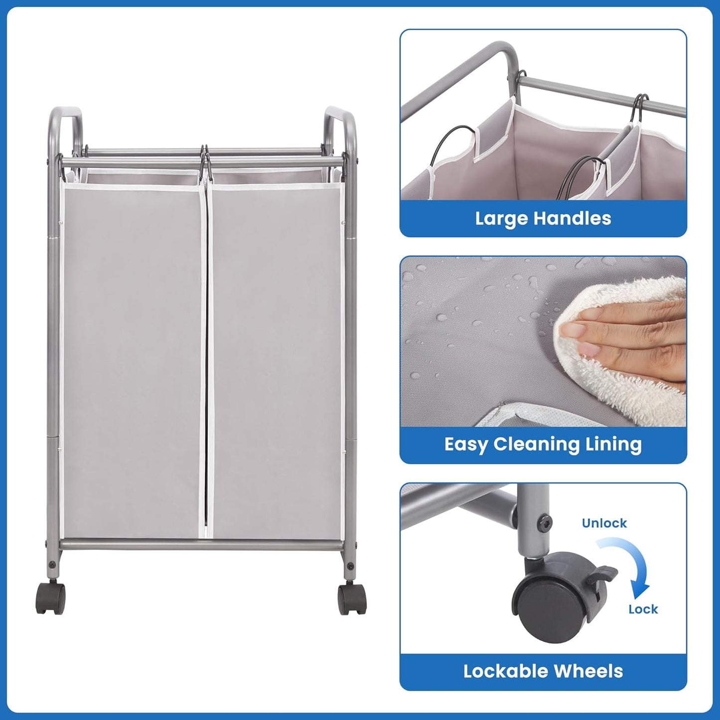 2 90 2 Closet, STORAGE MANIAC Laundry Sorter Section, L Gal Laundry Hamper with Wheels, Clothes Basket Separator