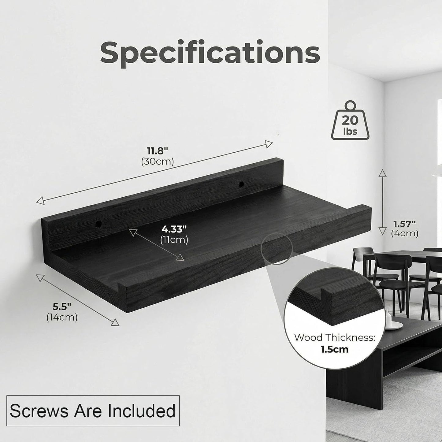 12 5.5inch, 2 Pack Z metnal Wood Floating Shelves, Small Natural Wooden Display Wall Shelf for Picture Ledge, Wall