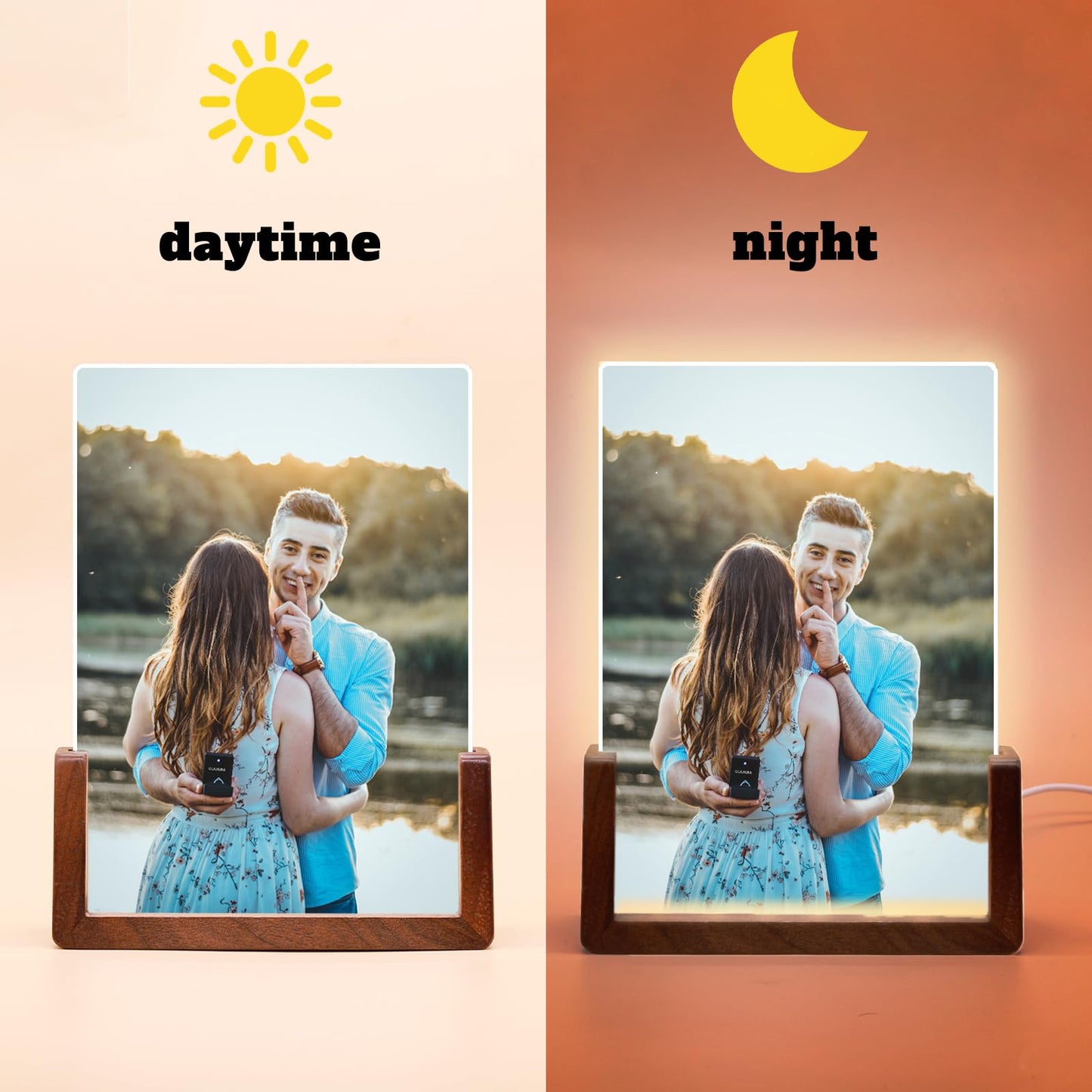 HETOOSHI Walnut Night Light Photo Frame - Illuminated Acrylic Picture Frame with Glowing Wooden Base, USB Powered Including charger, Easy Photo Swap (Vertical, 4X6 inch ﻿)
