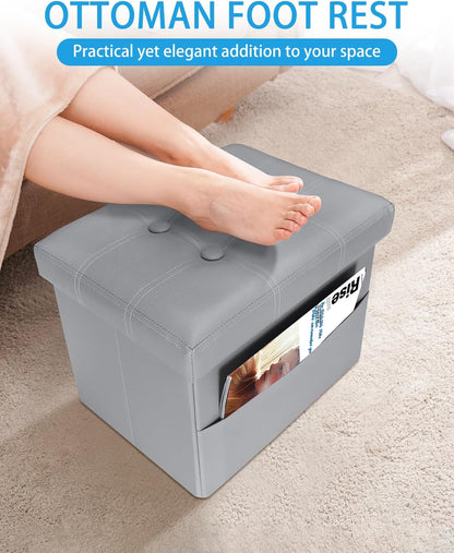 17 Inches Ottoman with Storage Foot Stool, Folding Storage Ottomans, Leather Upholstered Ottoman Foot Rest with Side