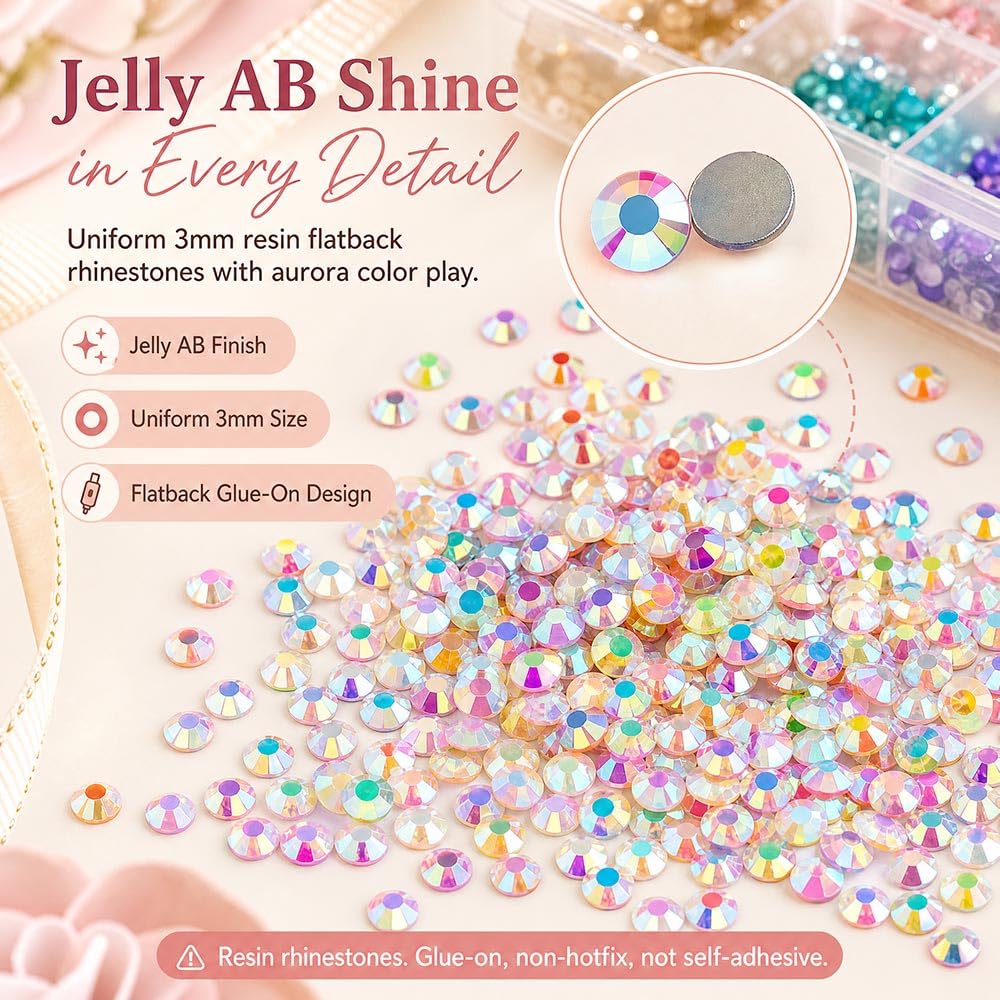 PNTNQA 48,000Pcs 48 Colors Jelly AB Rhinestones for Bedazzling, 3mm Resin Flatback Gems Bedazzling Kit with 4Pcs B-7000 Glue, Pickup Pen & Tweezers for Crafts, Nail Art, Clothes, Shoes, Tumblers, DIY