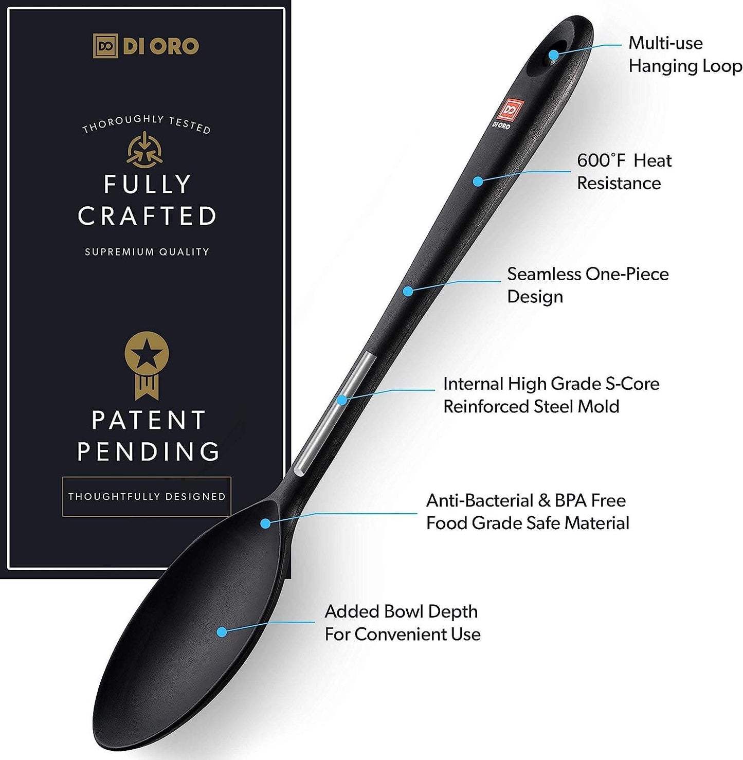DI ORO Cooking Spoon, Solid Silicone, High Heat Nonstick Kitchen Spoon for Cooking & Baking, Dishwasher Safe