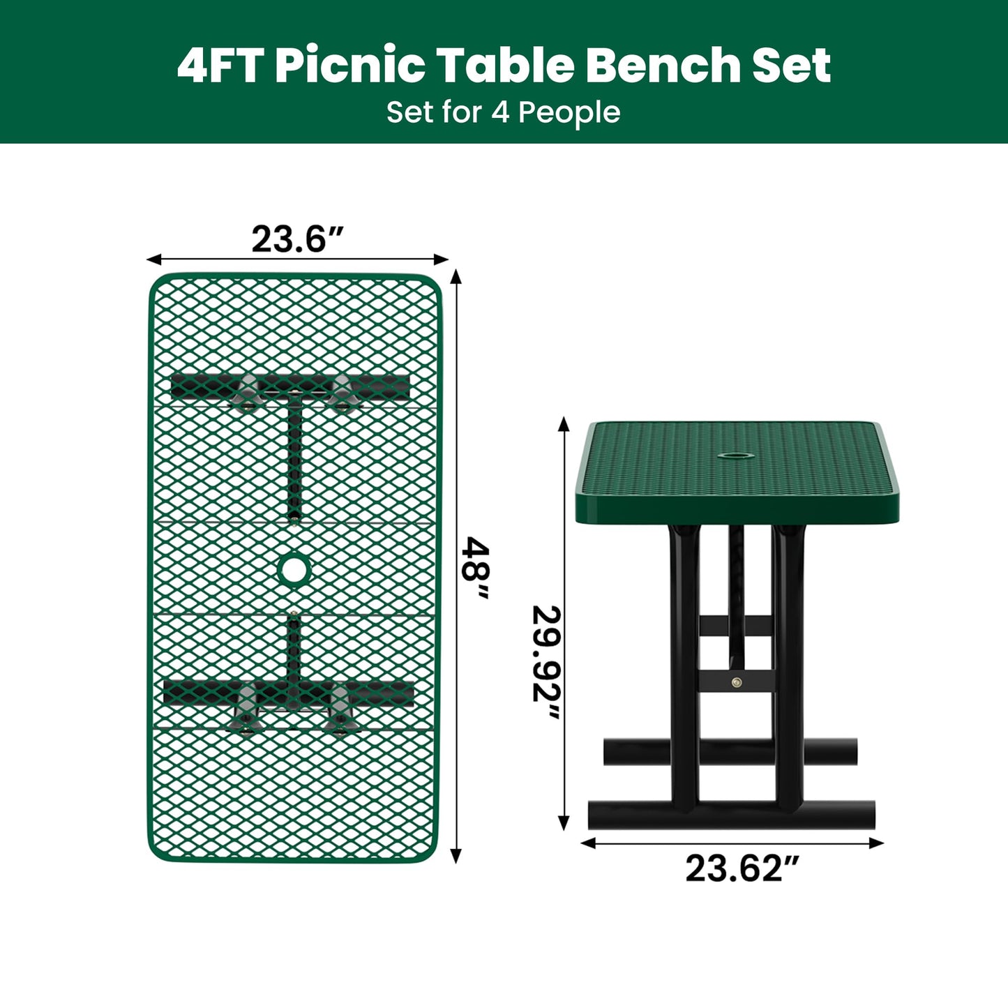 Sunnibety 4FT Metal Picnic Tables for Outdoors, Commercial Rectangular Picnic Table for Outside, Park, Campfield, Patio, Garden, Yard, Thermoplastic Coating, Surface Mounted, Green