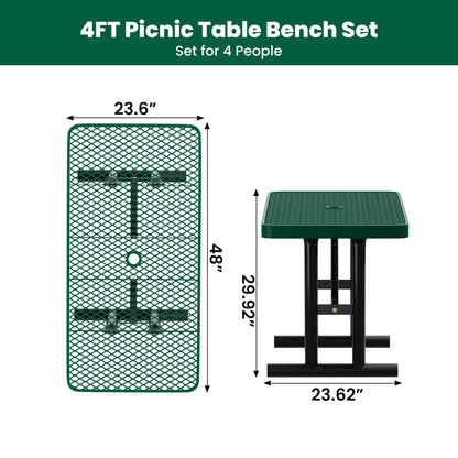 Sunnibety 4FT Metal Picnic Tables for Outdoors, Commercial Rectangular Picnic Table for Outside, Park, Campfield, Patio, Garden, Yard, Thermoplastic Coating, Surface Mounted, Green