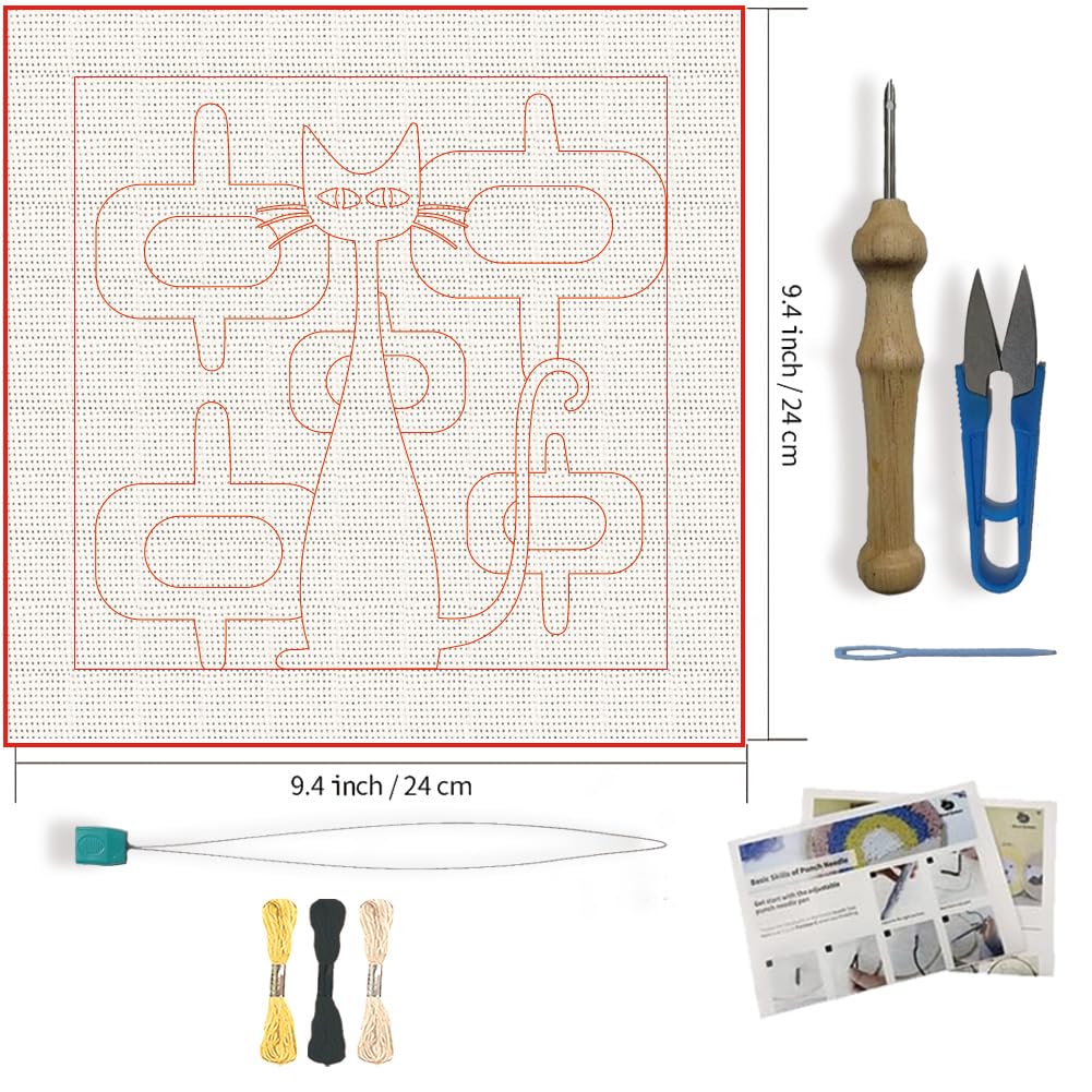 FREEBLOSS DIY Punch Needle Kit Abstract Cat Punch Needle Embroidery Wall Hanging Painting Punching Needles Starter Kit for Beginners with Complete Tools, Already Framed, 9.4x9.4inch