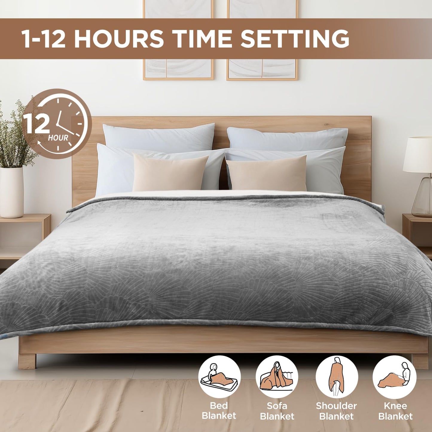 Westinghouse Heated Throw Blanket, Flower Jacquard Electric Blanket Throw with 6 Heating Levels and 2-10 Hours Auto-Off, Flannel to Sherpa Super Cozy Heated Blanket, Machine Washable (50" x 60" Beige)