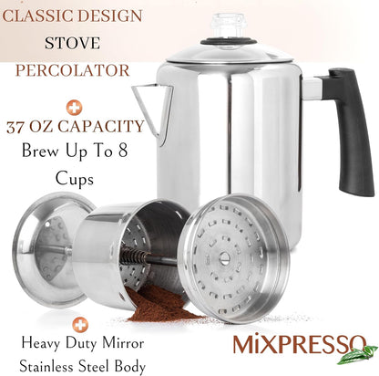 Mixpresso Stainless Steel Coffee Percolator, Stovetop Coffee Pot, 37oz, Excellent for Camping Coffee