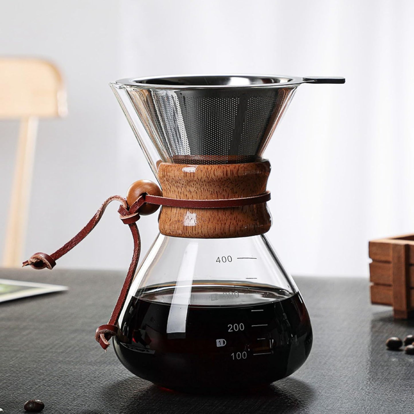 TOPINCN Double Layer Filter V Spout Wooden Sleeve Pour Over Coffee Maker 400ml Capacity, Clear Scale Glass Material