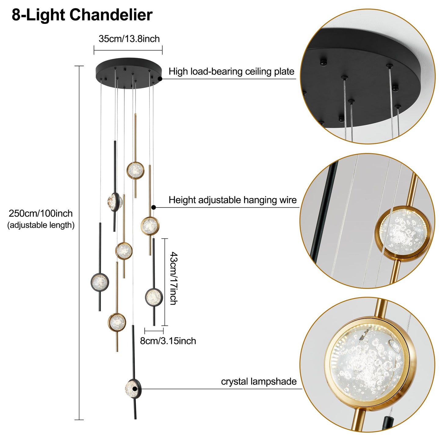 Voerqi 8-Light Chandelier,Crystal Globe Ball Bubble Chandelier with Special Black Gold pins.Black and Gold Chandelier for Spiral Staircase, Foyer, Entryway,High Ceiling (24W)