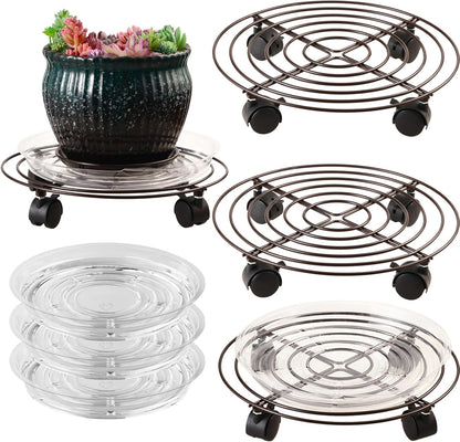 3 Packs 13" Large Metal Plant Caddy with Wheels Heavy-duty Wrought Iron Rolling Plant Stands with Casters Plant Dolly