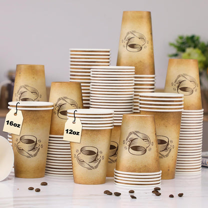 Clawsoff 300 Pack 12oz Paper Coffee Cups, Hot/Cold Beverage 12oz Disposable Coffee Cups, Retro Design, Leak-Proof, Hot or Cold Drink, Cocoa, Chocolate, Coffee Bar Supplies