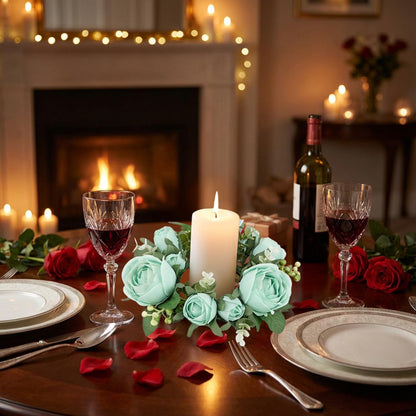 Artificial Rose Candle Rings Wreath Mini Floral Wreaths Pillar Candle Holder with Blooming Flowers and Green Leaves for Wedding Party Home Table Centerpieces Decor (Blue)