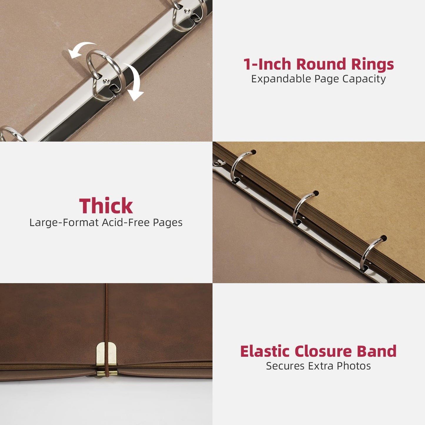 Vienrose Photo Album Scrapbook Kit, 3 Ring Faux Leather Cover DIY Memory Book Kraft Paper with 30 Sheets 60 Pages, Vintage Scrapbooking Supplies Set for Wedding, Anniversary, Valentine Gifts, Brown