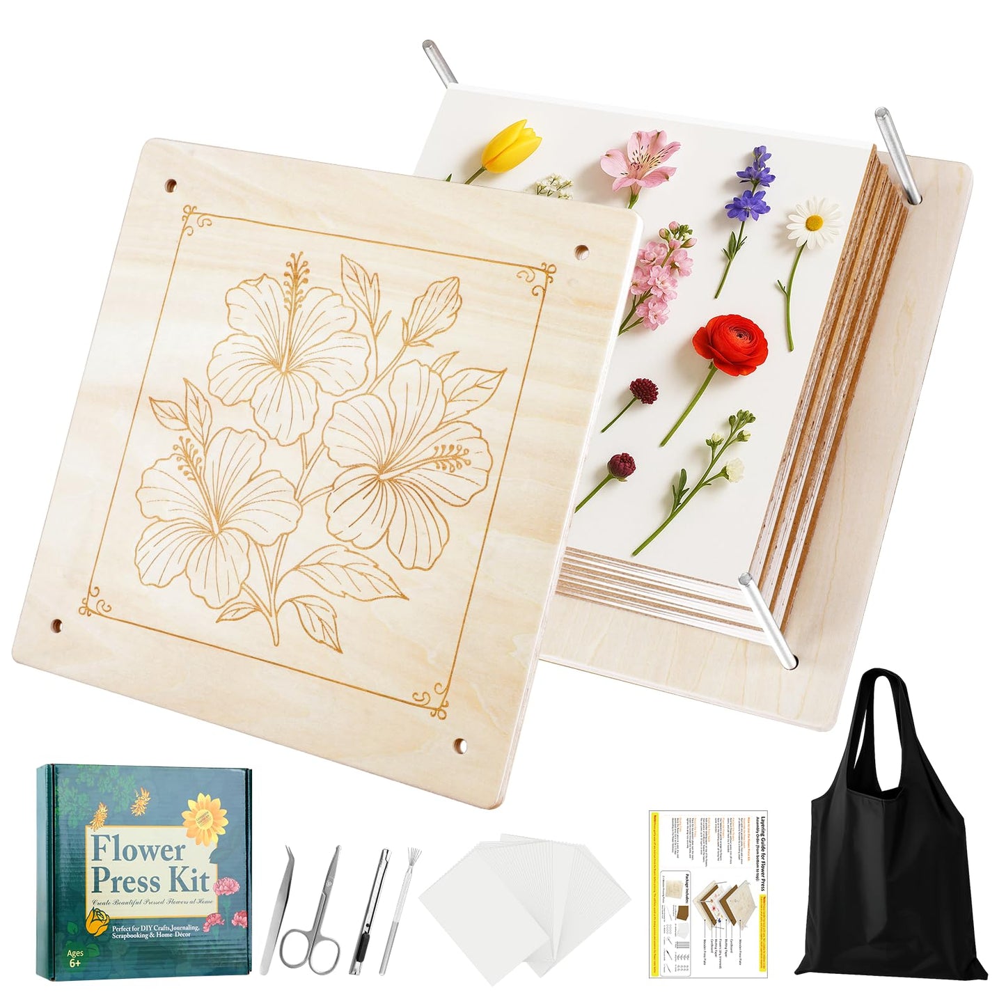 MeRGBWLife Flower Press - 11"x11" Wooden 10 Layer Flower Press Kit for Crafts Pressed Flowers & Plant Press, Scrapbooking, Bookmark Making, Wedding Bouquet Preservation, Dried Flowers