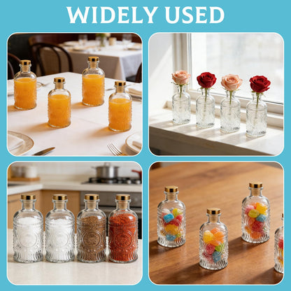 MegoSage 12 Pack Small Glass Bottles with Cork, 6.7oz/200ml Small Apothecary Jars, Clear Square-Round Mini Bottles for Beverages, Crafts, Wedding Favors & DIY Home Decor
