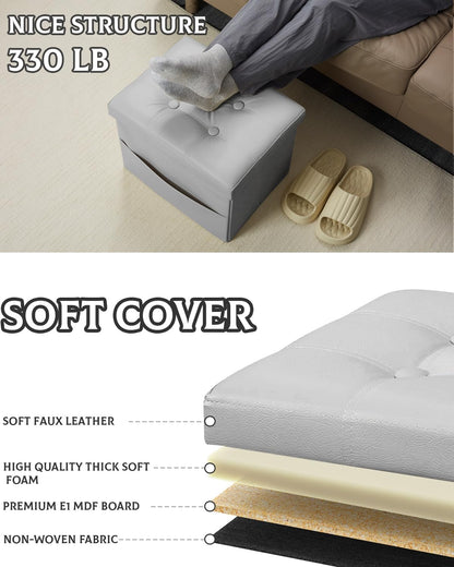 17 Inches Ottoman with Storage Foot Stool, Folding Storage Ottomans, Leather Upholstered Ottoman Foot Rest with Side