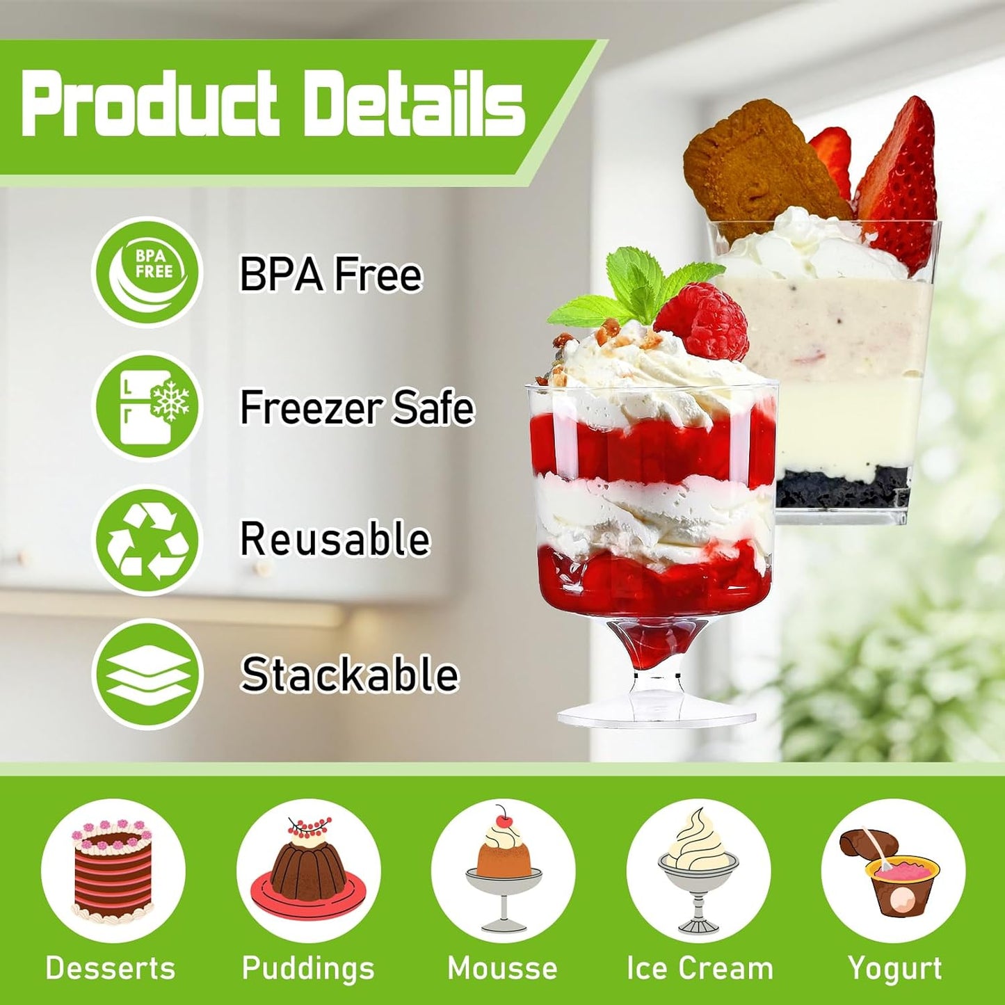 200 Pack 5 oz Plastic Dessert Cups with Spoons, Disposable Goblet Parfait Pudding Jello Shooter Cups for Party Serving
