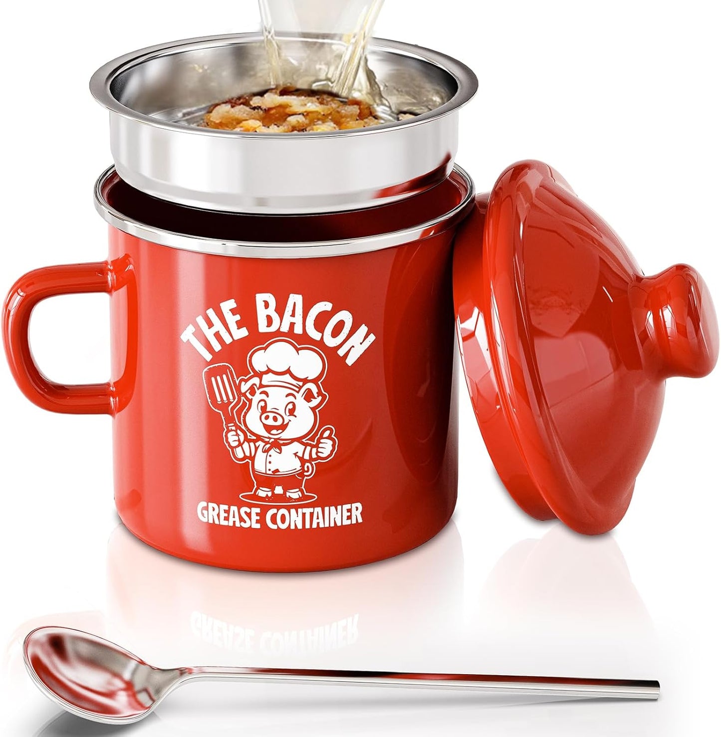 15OZ PGYARD Mini Bacon Grease Saver With Strainer - Enamel Grease Container, Farmhouse Bacon Grease Keeper For Kitchen