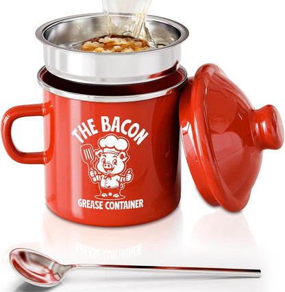 15OZ PGYARD Mini Bacon Grease Saver With Strainer - Enamel Grease Container, Farmhouse Bacon Grease Keeper For Kitchen