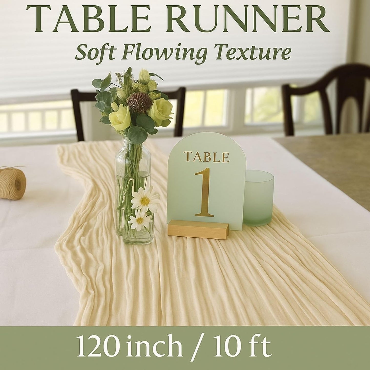 6 Pack 10FT 120 Inch Beige Cheesecloth Table Runner Soft Gauze Boho Table Runners for Baby Shower, Coastal Wedding